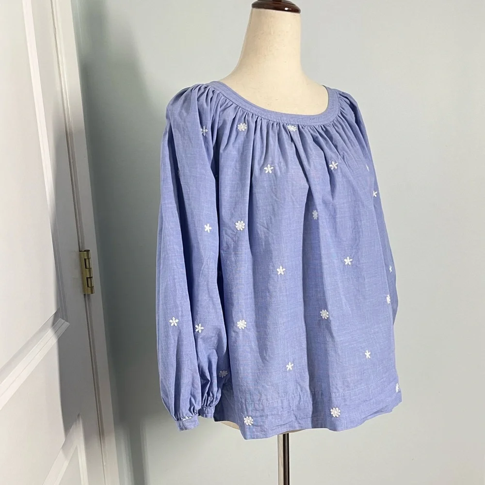 J. Crew The Perfect Embroidered Chambray Top Puff Sleeves blouse size M